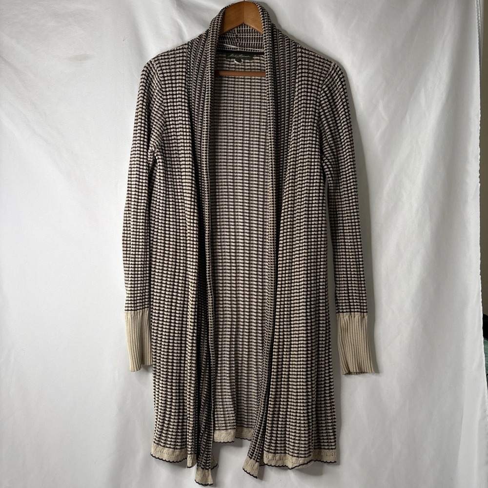 Eddie Bauer Sweater Women's Size Small Black Cream Knitted Open Cardigan Duster